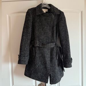 Michael Kors Mid-Length Tweed Herringbone Pattern Coat